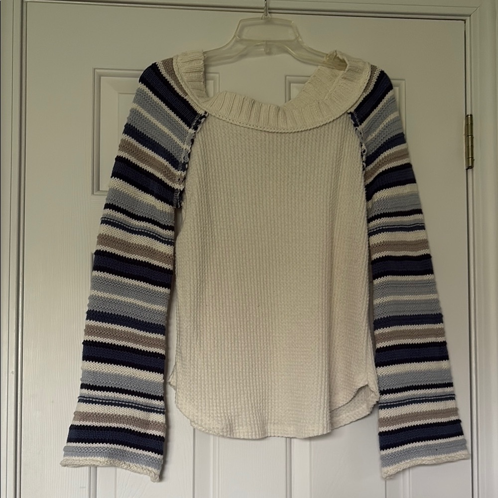 Altar'd State Cream and Blue Off-the-Shoulder Sweater with Striped Sleeves